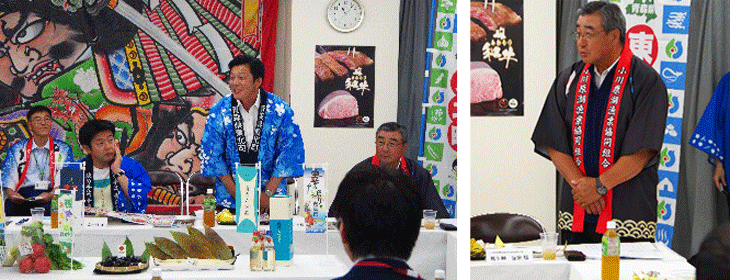 情報交換会でＰＲする長久保町長と鶴ケ﨑組合長